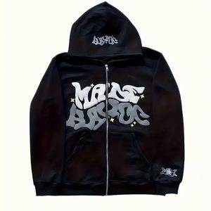 Men Retro Letter Print Hoodies Autumn Winter High Street Zip Up